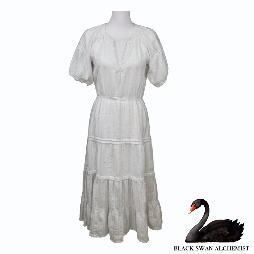 Betsey Johnson White Cotton Tiered Maxi Dress with Puff Sleeves Size Small